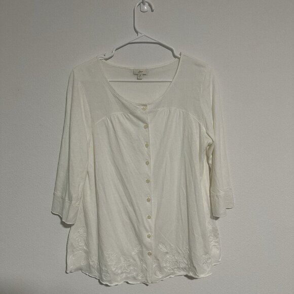 J. Jill White Scoop Neck Button Top 3/4 Sleeve Embroidered Hem Size Small - Picture 1 of 7
